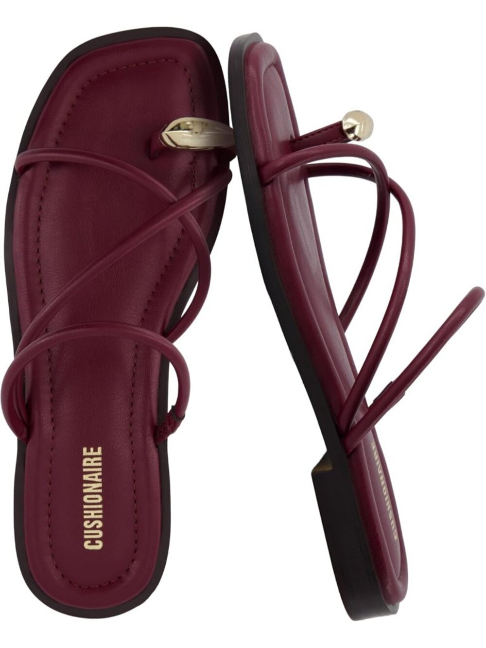 Women's Burgundy Strappy Toe-Loop Memory Foam Comfort Slide Flat Sandal Shoes